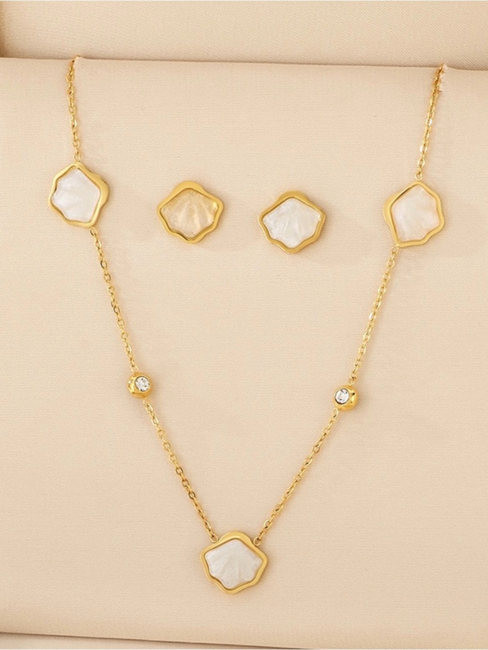 Gold & White Mother-of-Pearl Floral Necklace and Earring Set stainless steel